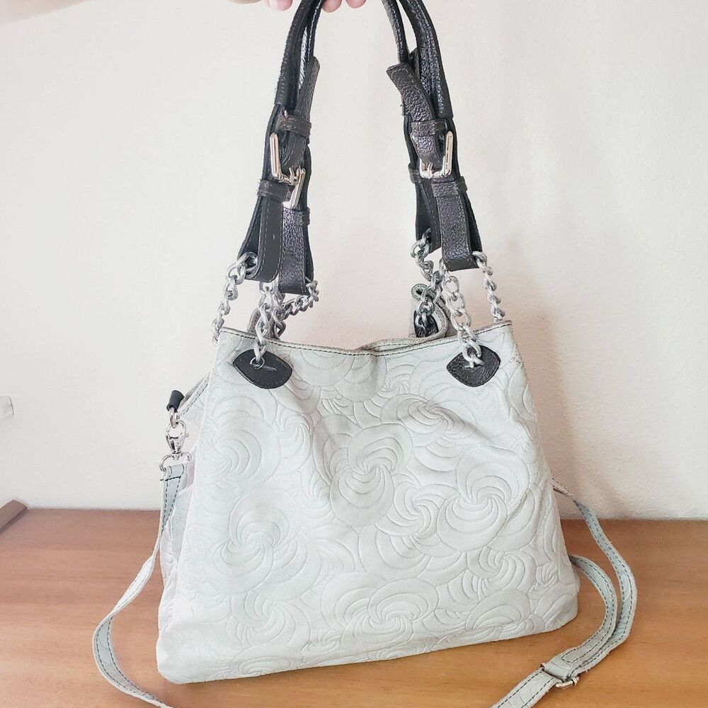 VTG Borse In Pelle Silver Suede Leather Purse Swirl Slouchy Hand Bag Crossbody
